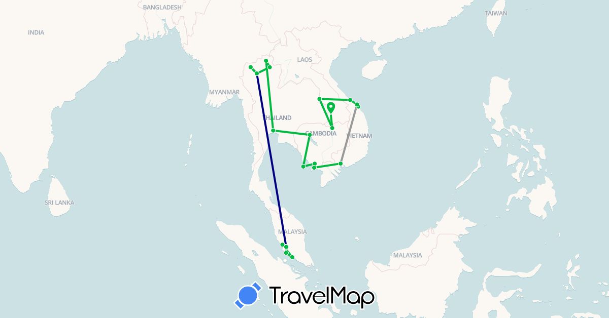 TravelMap itinerary: driving, bus, plane in Cambodia, Laos, Malaysia, Thailand, Vietnam (Asia)